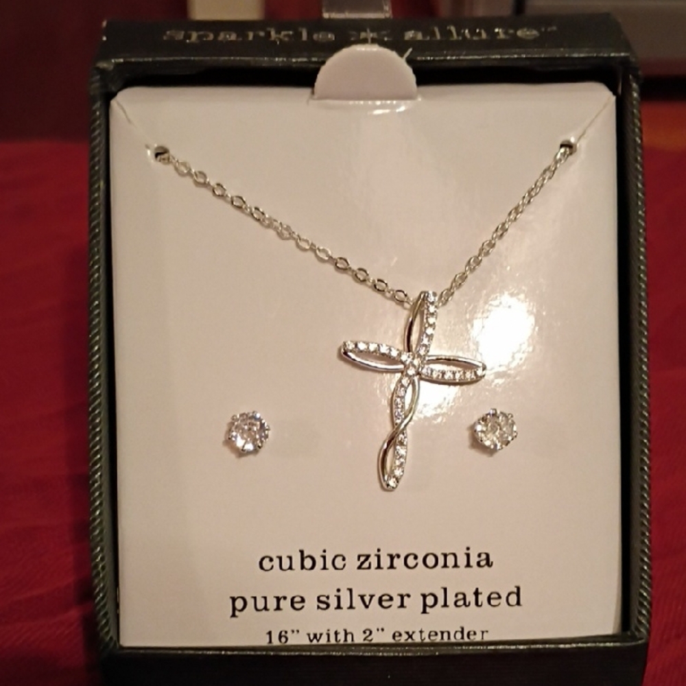 Sparkle Allure Silver Plated Cross Necklace and Earring Set